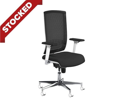 Begin White Swivel Chair, Mesh Backrest, Chrome Base, Seat Slide, Lumbar Support, Zodiac Adjustable Arms